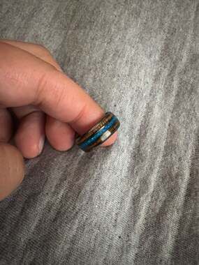 8mm Black Ceramic Ring with Blue Opal and Hawaiian Koa Wood Inlay